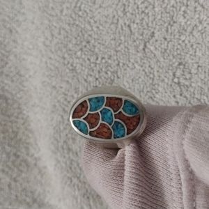 Mosaic chip inlay turquoise and coral ring